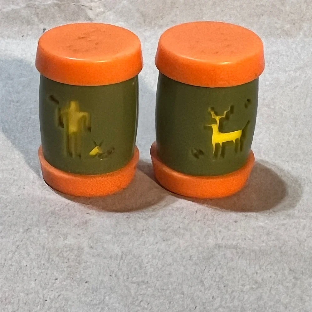 St. Labre Indian School Salt and Pepper Shakers Orange Green Vintage Deer